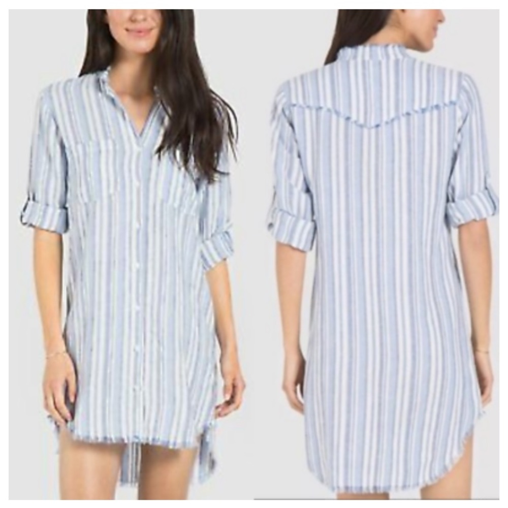 Anthropologie Cloth & Stone Shirt Dress Striped Fringe Linen Blend Long Sleeve